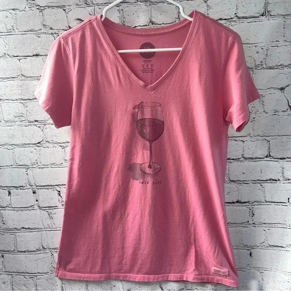 Life is Good Pink Wine Glass Half Full Short Sleeve‎ Tee size Medium - Picture 1 of 6